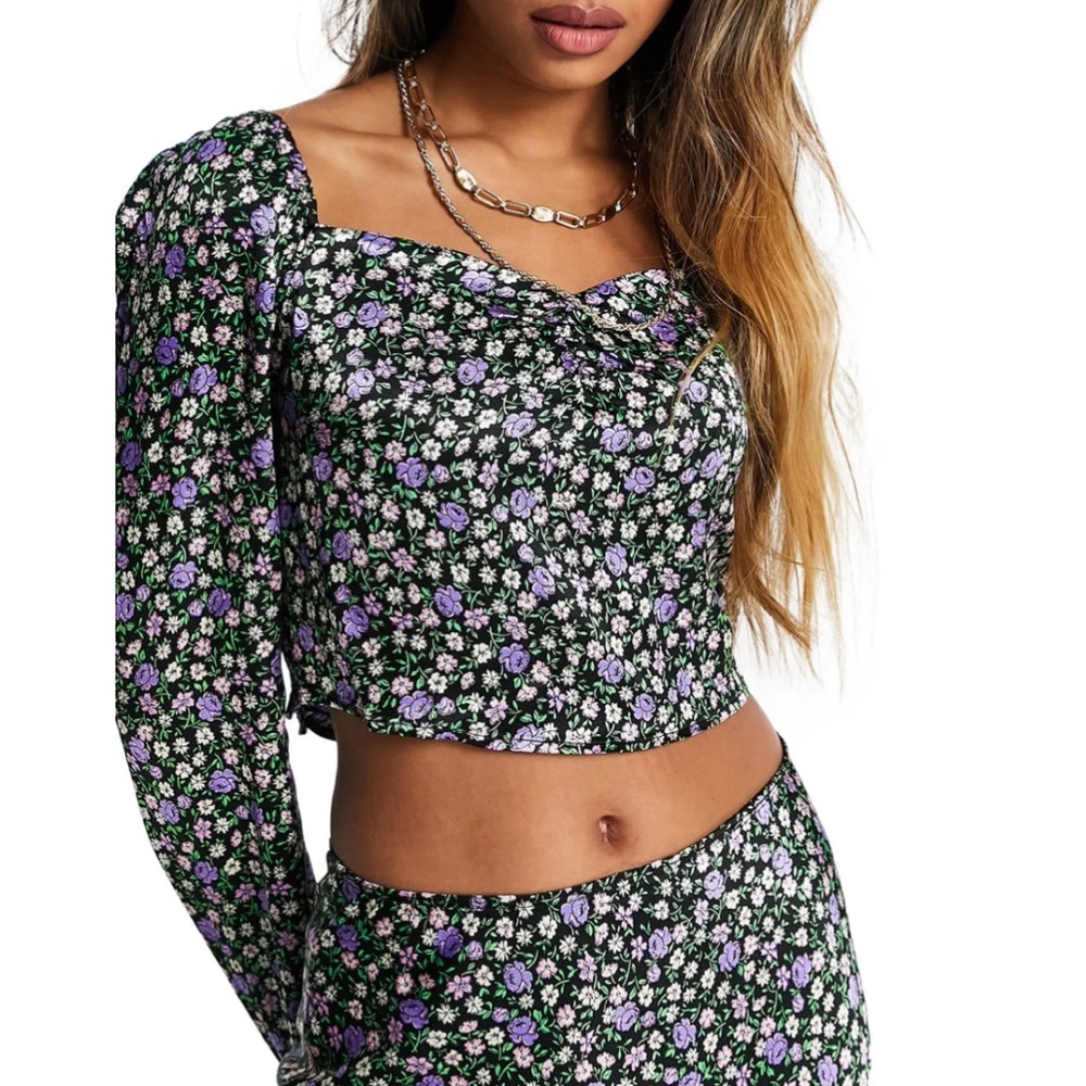 TopShop Floral Print Puff Sleeve Crop Top Size 6